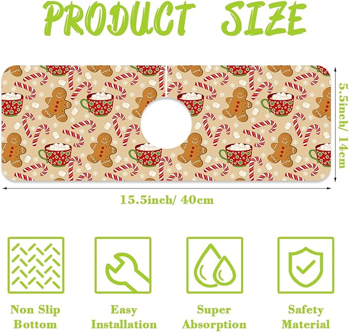 Chrismas Sink Splash Guard Faucet Mat Christmas Absorbent Fast Drying Mat Sink Gadgets Splash Guard Behind Faucet Drip Catcher for Kitchen Bathroom 15.5"X5.5"