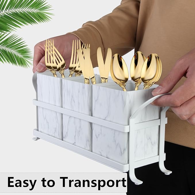 NelyBet Kitchen Utensil holder for Countertop, Silverware Caddy,Marble White Cutlery Holder Utensils Organizer for Party Gatherings, Metal and Durable Design
