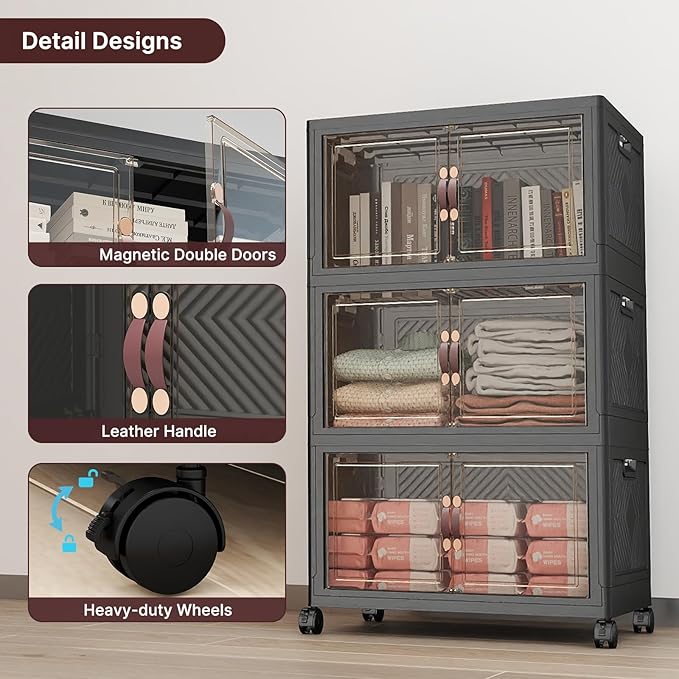 Extra Large Stackable Storage Bins with Lids & Wheels, 165QT-55QT/14GAL*3Pack Foldable Collapsible Closet Organizers Dark Storage Cabinet with Doors for Bedroom Dorm