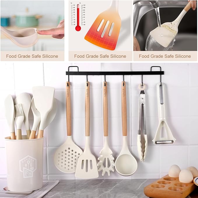 Silicone Kitchen Utensils Set 14pcs, Heat Resistant BPA Free Cooking Tools With Wooden Handles, Safe For Nonstick Cookaware, Beige