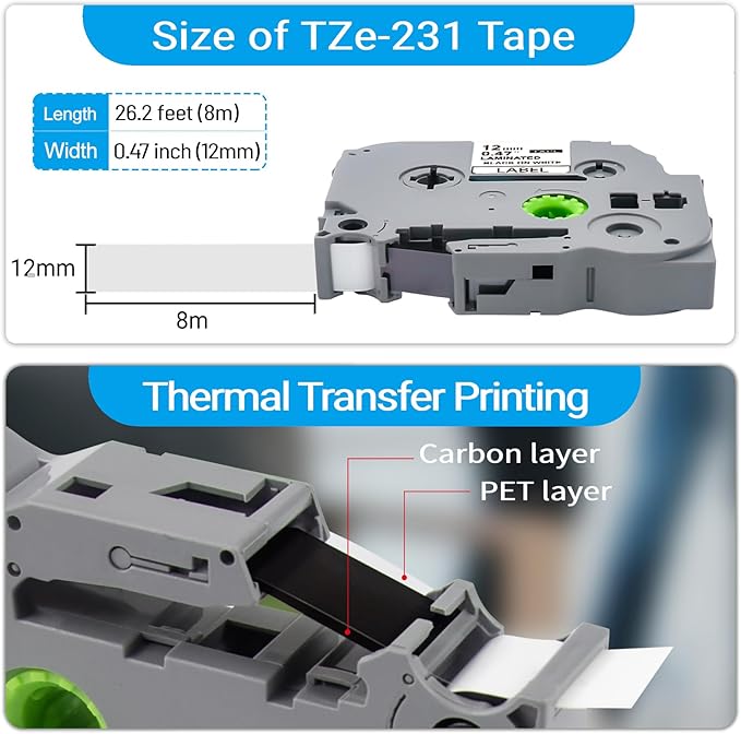TZe-231 12mm 0.47 Laminated White Tape TZe Compatible with Brother P Touch Label Tape 12mm Label Maker Tape TZe231 Black on White for Brother PT-H110 PTD210 D220 D400 D460 D600 10 Packs