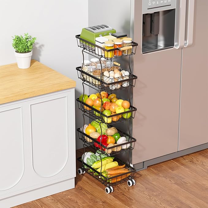 5 Tier Slim Fruit Basket for Kitchen, Stackable Wire Fruit Vegetable Storage Baskets Organizer Stand on Wheels, Metal Produce Basket Potato Onion Storage Bins Rack for Pantry, Black