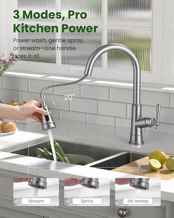APPASO Pull Down Kitchen Faucet with Sprayer, Stainless Steel Single Handle High Arc Single Hole Pull Out Kitchen Sink Faucets Brushed Nickel, cUPC-Certified Pull-Out Hose, Water Supplies & Valve