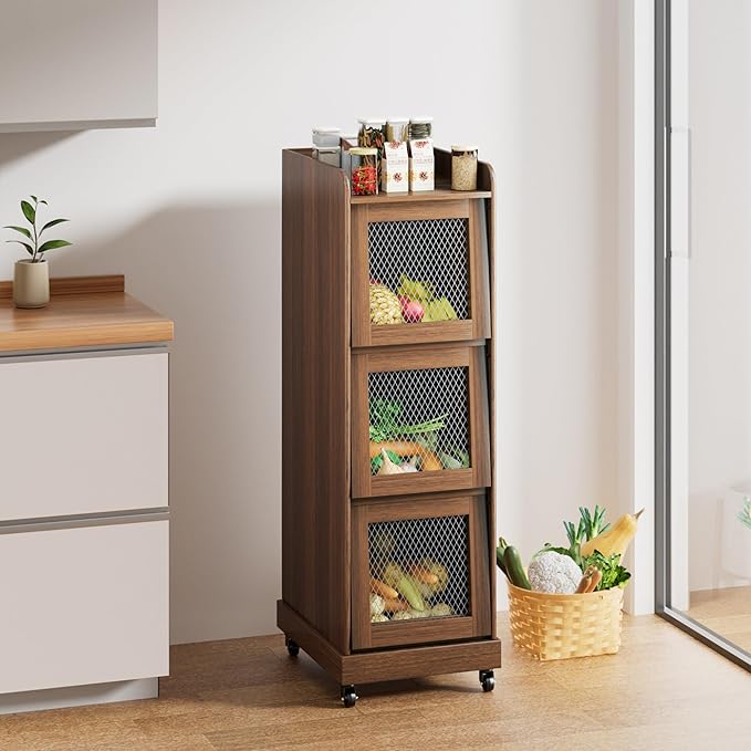 4 Tier Narrow Potato Storage Bin, Tall Wood Potato and Onion Storage Bin with Wheel, Movable Fruit and Vegetable Basket, Food Small Kitchen Pantry Cabinet, Wooden Bread Box, Walnut, Sliding Door