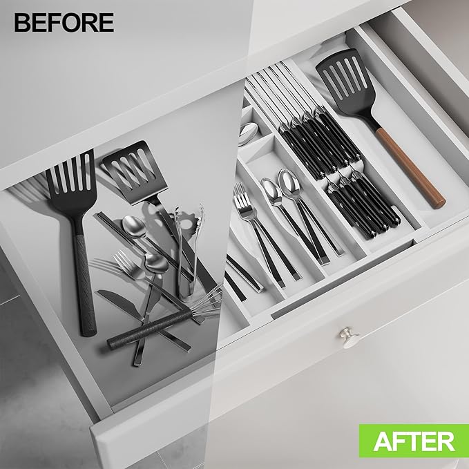 Thalomely Bamboo Kitchen Drawer Organizer, Expandable Silverware Organizer with Removable Knife Block, 6-8 Slots- Utensil Holder & Cutlery Tray Drawer Dividers, 2.36" Deep for Extra Capacity, White