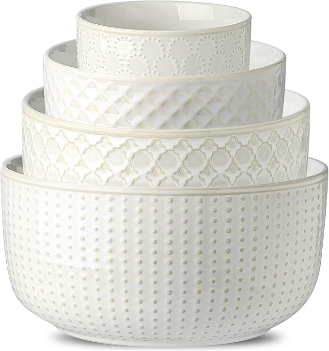 Familywood Ceramic Mixing Bowls, 27/53/84/162 oz, set of 4, Embossed large Mixing Bowl set, Serving bowls, Kitchen Dishware, Prep, Gift, Microwave and Dishwasher Safe, Modern Farmhouse Decor