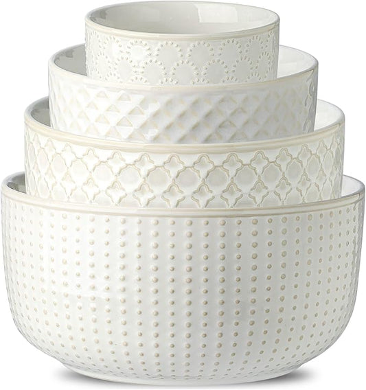 Familywood Ceramic Mixing Bowls, 27/53/84/162 oz, set of 4, Embossed large Mixing Bowl set, Serving bowls, Kitchen Dishware, Prep, Gift, Microwave and Dishwasher Safe, Modern Farmhouse Decor