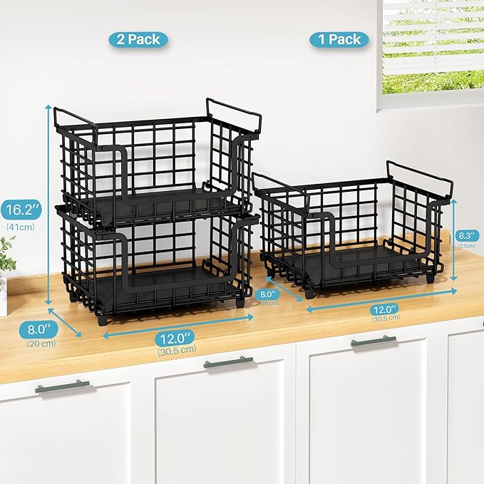1 Pack Stackable Metal Wire Vegetable Fruit Basket for Kitchen Counter Cabinet, Pantry Organizers and Storage Basket, Food Can Snack Onion Potato Bread Storage Shelf Freezer Organizer Bins Black