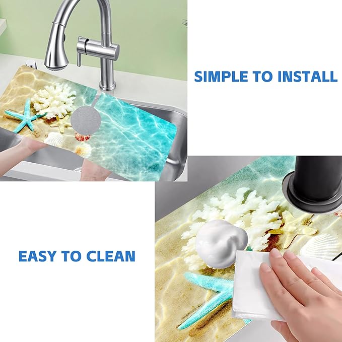 Beach Dish Drying Mat for Kitchen Sink Starfish Coral and Seashell Splash Guard Behind Faucet Sink Mat Absorbent Fast Drying Faucet Draining Mat for Bathroom Kitchen 5.5"×15"