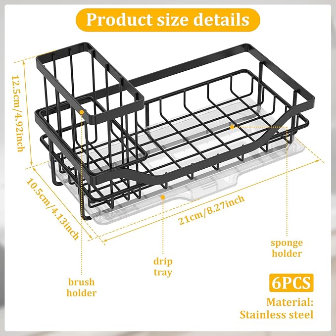 6Pc Bulk Kitchen Sink Caddy,Sponge Holder For Kitchen Sink,Kitchen Caddy Sink Organizer,With Detachable Brush Holder And Drip Tray For Household,Hotel,Apartment,Dormitory,Kitchen(8.3Lx4.2Wx5H Inch)