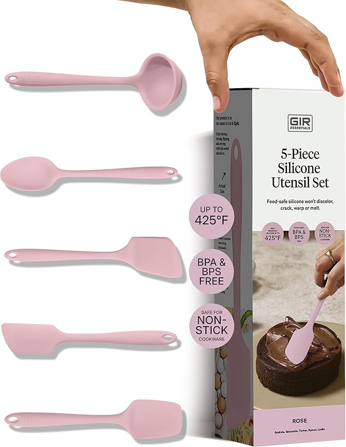 GIR: Get It Right - 5 Piece Essentials All Purpose Set - Ladle, Spatula, Flip, Spoon & Spoonula, Non-stick, Heat Resistant, Dishwasher Safe, Kitchen Utensils, Baking Supplies - Rose