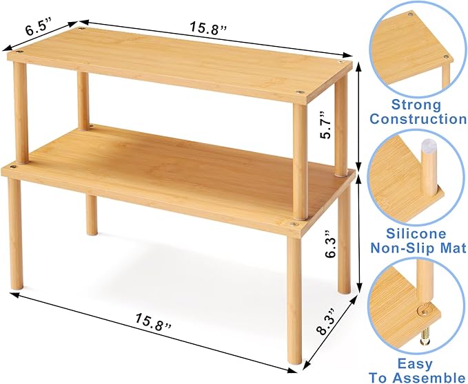 VERTORGAN Cabinet Organizer Shelf(Set of 2),Kitchen Counter Shelves,Bamboo Stackable Expandable Spice Rack Countertop(Large)