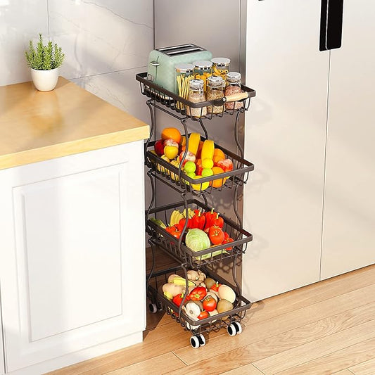 4 Tier Slim Fruit Basket for Kitchen, Stackable Metal Wire Fruit Vegetable Storage Baskets Organizer Stand on Wheels, Produce Basket Potato Onion Storage Bins Rack for Pantry. (Black)