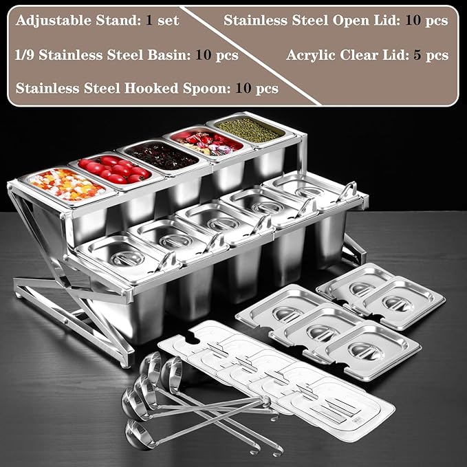Two Tier Adjustable Stainless Steel Spice Organizer Set of 10 Pots with Spoons Commercial Kitchen Spice Rack Buffet Counter Milk Tea Shop Multifunctional Shelf (Double Flat)