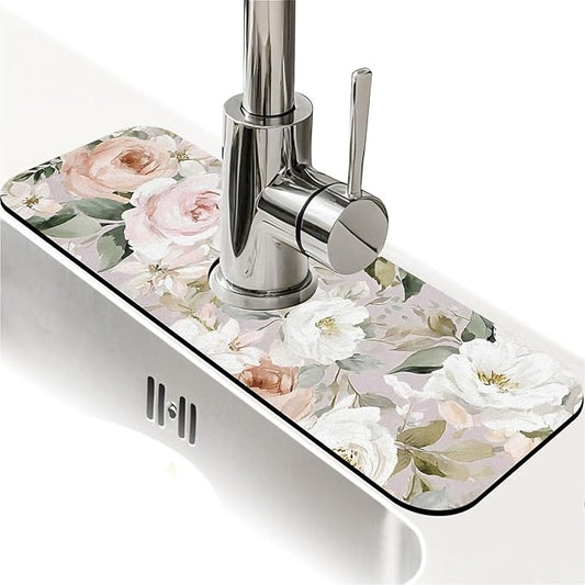Kitchen Sink Splash Guard，blush pink white rose Faucet Mat Sink Gadgets-Super Absorbent Fast Drying Mat Drip Catcher for Kitchen, Bathroom,Sink Mat, Dish Drying Mat, Bathroom(15" X 5.5" )