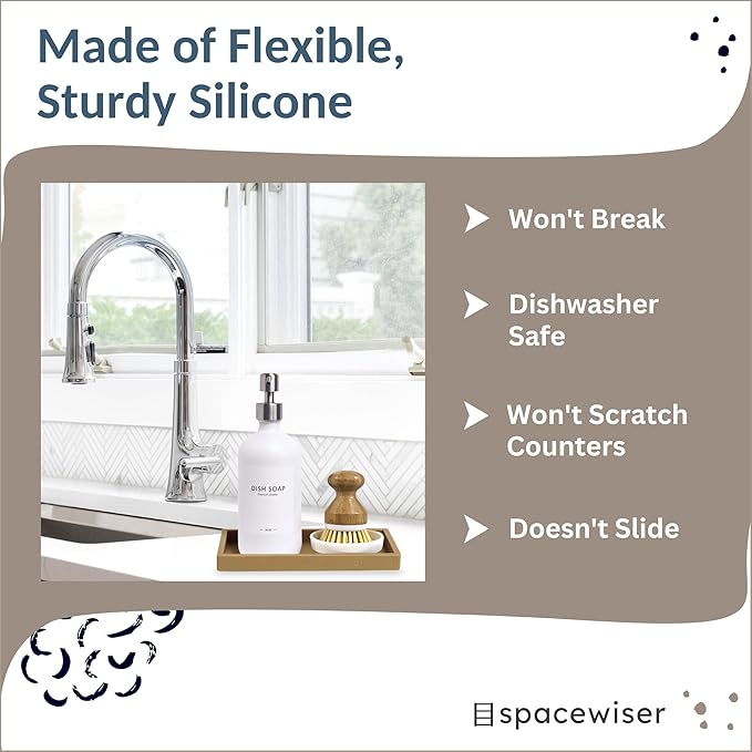 Spacewiser Countertop and Vanity Tray – Small 7.7" Silicone Soap Dispenser Trays, Flexible Bathroom Trays, Dish Soap Holder Kitchen Counter Caddy, Organizer Sink Tray for Soaps Bottles, Sponge, Keys