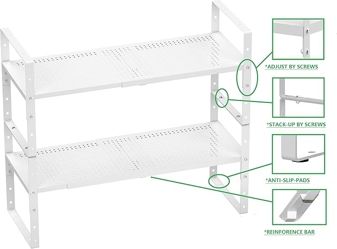 Expandable Shoe Rack Stackable Metal Pantry Storage Shelves Stand Adjustable Height Cabinet Shelf Organizer Racks Spice Shelving(1PACK/WHITE,MEDIUM)