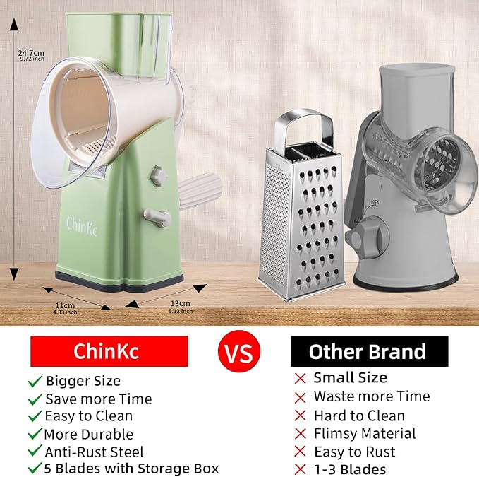 ChinKc Upgrade Rotary Cheese Grater Shredder with Handle, Strong Suction Base, Multi-purpose Rotary Grater Slicer with 5 Interchangeable Blades for Ice, Vegetables, Fruit, Nuts with Blade Storage Box