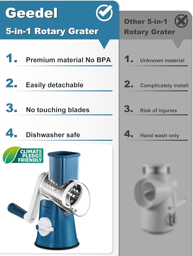 Geedel Rotary Cheese Grater Cheese Shredder - Upgraded 5-in-1 Cheese Grater with Handle and Strong Suction Base, Multi-purpose Vegetable Slicer Ice Shaver Nuts Grinder for Ice, Vegetables, Fruit, Nuts