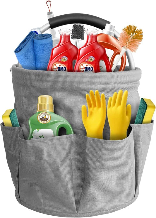 Foldable cleaning caddy basket & Portable cleaning caddy Bucket Cleaning Organizer with Handle and 6 Pockets cubetas para limpieza for Home Garden Camping Storage (Gray)
