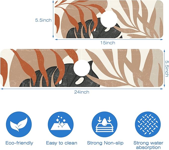 Mid Century Boho Leaves Kitchen Sink Splash Guard Absorbent Fast Drying Mat Faucet Draining Guard Behind Faucet Drip Catcher for Kitchen Bathroom 5.5"24"