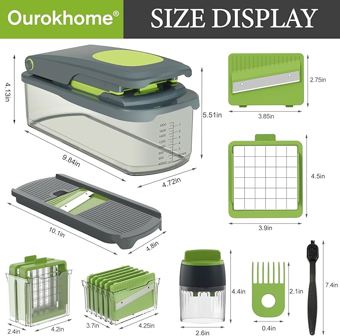 Ourokhome Veggie Chopper and Dicer with Container, Manual Hand Food Mandolin Slicer with 4 in 1 Handheld Vegetable Spiralizer for Zucchini, Potato, Onion, Essential Kitchen Gadgets (12 in 1, Gray)