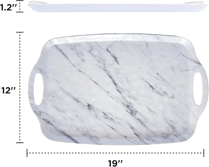 TP Large Serving Trays with Handles, 19" x 12" Melamine Serving Platters for Food, Turkey, Set of 2 Rectangular Trays for Party, White Marble