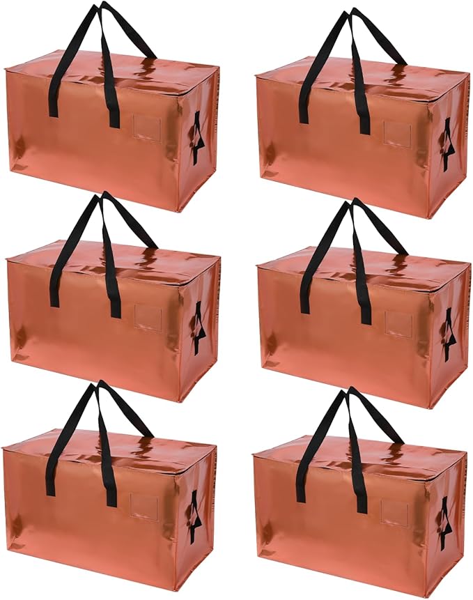 6 Pack Moving Bags Heavy Duty, Extra Large Moving Bags, Moving Supplies, Storage Bags with Handles and Zippers, Waterproof Totes for Storage Saving Packaging Shipping and Travel(Laser Copper)