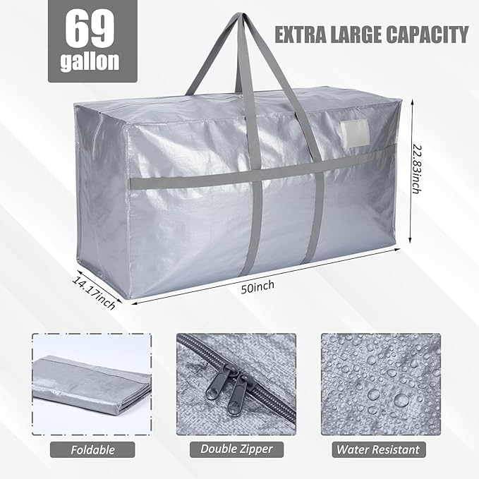 Windyun 4 Pack 69 Gallon Extra Large Moving Bags XXL Heavy Duty Storage Bag with Strong Zipper Handle Jumbo Big Tote Box Foldable for College Dorm Travel Clothes Duffle Blanket Pillow(Silver)