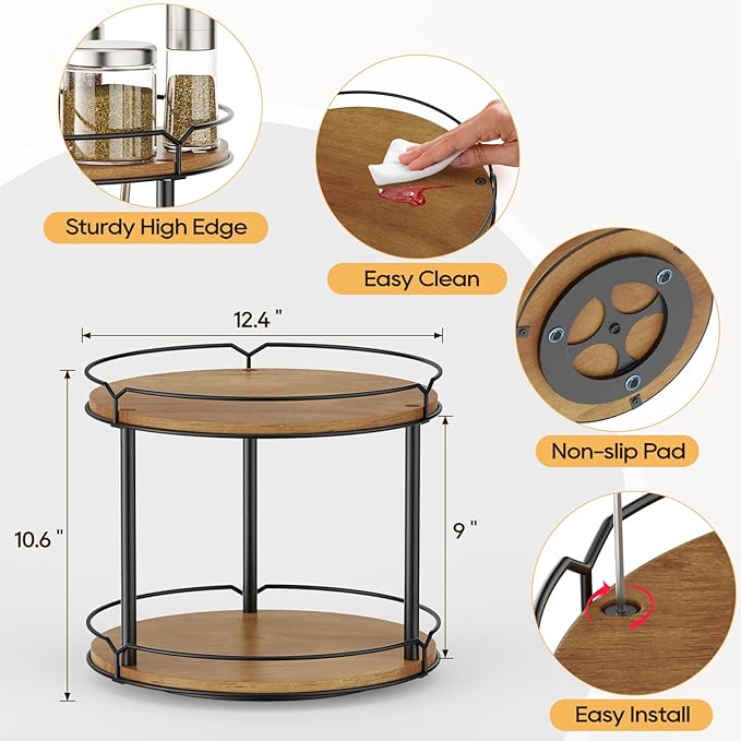 MUTUALUS 12.4" Lazy Susan Organizer 2 Tier - Rotating Spice Rack, Wooden Spinning Spice Holder for Inside Cabinet, Pantry, Kitchen, Countertop, Bathroom and Vanity, Versatile Storage