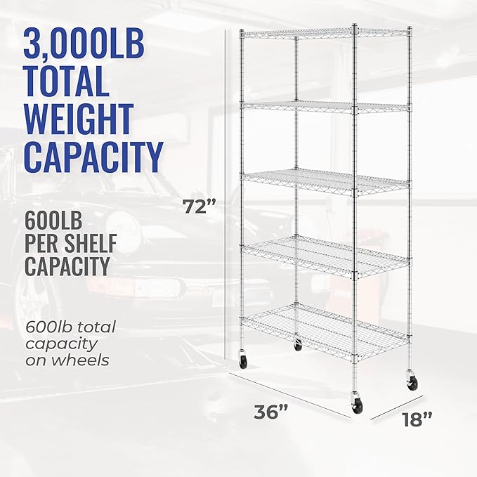 SafeRacks - NSF Certified Storage Shelves, Zinc, Heavy Duty Steel Wire Unit with Wheels and Adjustable Feet, Garage or Bakers Rack, Kitchen, Pantry Shelf - (18"x36"x72" 5-Tier) (Silver)