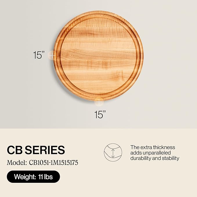 John Boos CB Series Round Wooden Maple Cutting Board 15”x15” – 1.75” Thick, 11-lb Reversible Butcher Block with Juice Groove, Edge-Grain & Finger Grips – Made in the USA