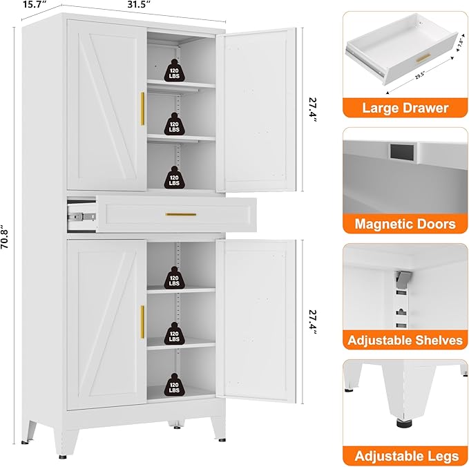 LCAOPC 71" Tall Pantry Storage Cabinet with Drawer and Adjustable Shelves, Freestanding Tall Kitchen Cupboard Storage Cabinet for Kitchen,Dining Room, Living Room, White