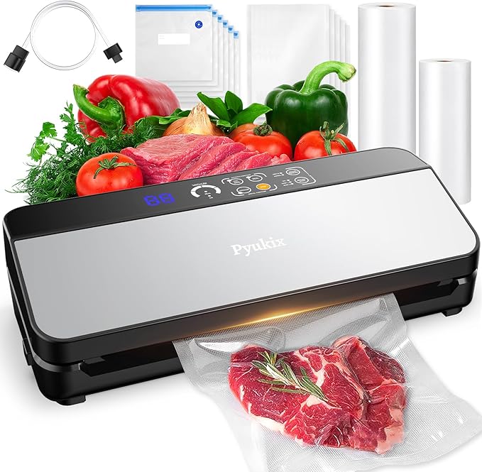 Vacuum Sealer Machine, Food Sealer Vaccum Sealers for Food 80KPA Automatic 8-IN-1 Sealing Dry/Moist Mode with Build-in Cutter&Storage, Digital Countdown, Air Suction Hose, 2 Roll-Bags, 11 Vacuum Bags