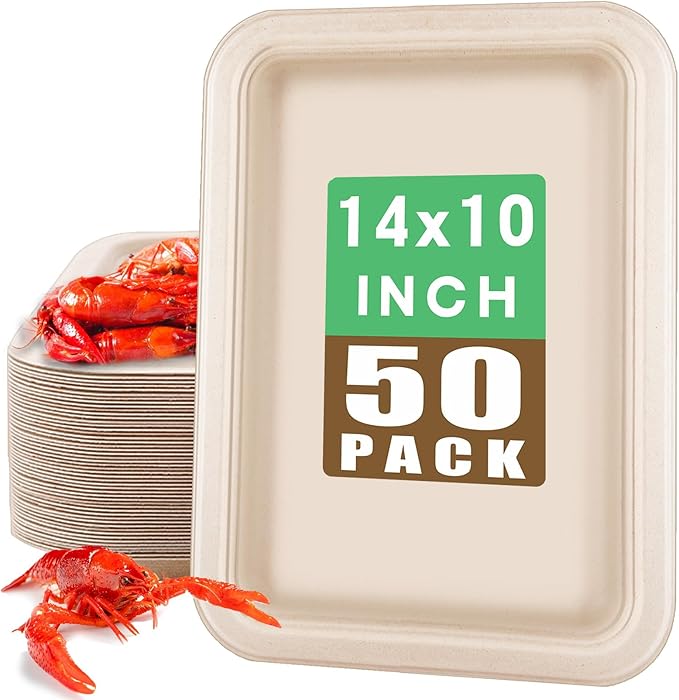 Xvvirnt 50 Pack 14 Inch Disposable Food Trays, Compostable Extra Large Paper Plates, Heavy Duty Large Paper Platter Plates, Platters Trays for Serving Crawfish Lobster, Crab, Seafood Boil