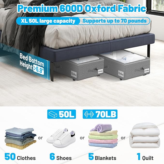 Under Bed Storage with Wheels, 2-Pack 6.7" Height XL 50L Rolling Storage Bins, Quick Assembly Underbed Shoe Storage Containers with Clear Lid & Label, Dorm Under bed Drawers for Clothes, Shoes, Grey