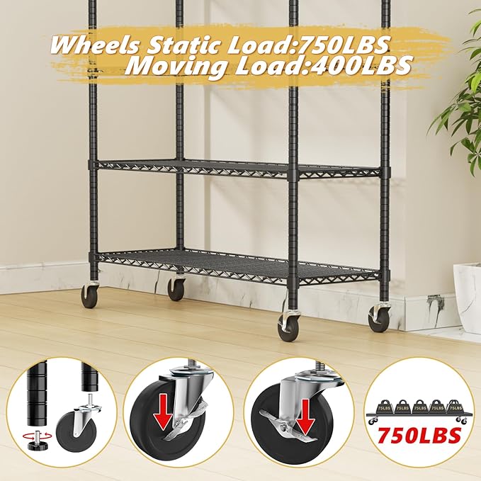 Storage Shelves Heavy Duty with Wheels,48"L x 20"W x 72"H Garage Wire Shelving Unit Loads 2000LBS,5-tier Adjustable Metal Industrial Utility Shelf Rack for Kitchen,Laundry,Pantry,Warehouse,Basement