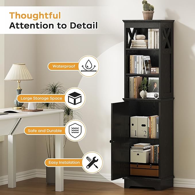 Viroformo Narrow Bathroom Storage Cabinet with Door and Open Adjustable Shelves, 60.9" H Wooden Tall Tower Corner Farmhouse Cabinet, Freestanding Organizer for Kitchen, Entryway Black