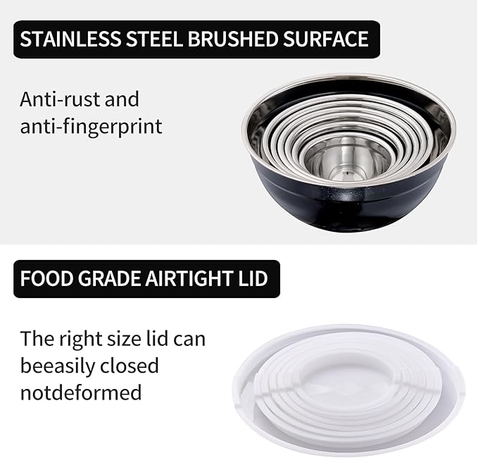 LKTDYMEG Black Mixing Bowls with Lids Set of 7, Stainless Steel Nesting Bowl with Khaki Lid for Non-slip Mixing Prepping Storing Serving, 7 Sizes-7/3.6/2.7/2.1/1.5/1/0.8 QT