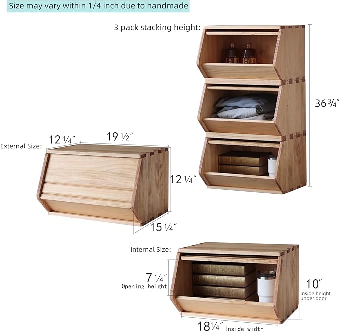 Stackable Solid Wood Storage Chests,Hall Entryway Cabinet,Modular Wooden Multi-use Box,Bins with Lids,Closet Storage Organizers,Drawers,Potato,Onion,Bread,Classify by Items,19.5”W(3 Pack)