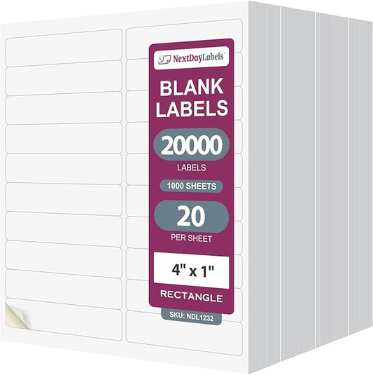 NextDayLabels 4x1 Inch Rectangle Stickers White Blank Labels for Laser Inkjet Printer - 20 Per Sheet Self-Adhesive Return Address Shipping Made in USA - 20,000 Labels