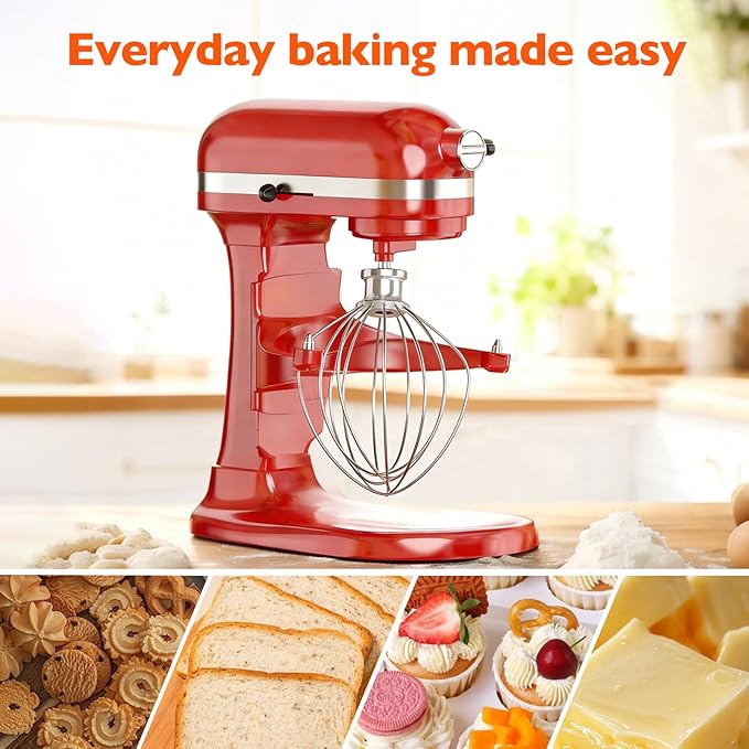 Stainless steel 6-wire mixer, kitchen aid whisk attachment, compatible with 5plus-6Quart Bowl lift Stand mixer, Food grade, suitable for mixing cream and cake, dishwasher washable