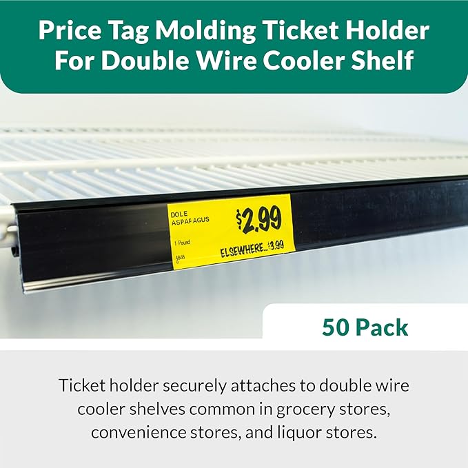 Price Tag Holder and Molding for Double Wire Cooler/Freezer Shelves | 28" Long | 1.25" High | 50 Pack | Black