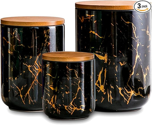 Ceramic Canister Set of 3 for Kitchen Countertop Storage, Black Food Storage Containers Jars with Airtight Wood Lids for Flour, Sugar, Coffee, Tea & Spices, Modern Countertop Decor