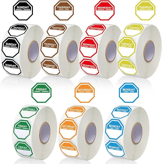 7000 Pcs Day of The Week Labels Food Labels Monday Through Sunday Management Inventory Stickers Removable Weekly Self Adhesive Date Dot Stickers for Restaurant Kitchen Containers (Octagon)
