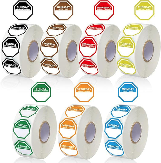 7000 Pcs Day of The Week Labels Food Labels Monday Through Sunday Management Inventory Stickers Removable Weekly Self Adhesive Date Dot Stickers for Restaurant Kitchen Containers (Octagon)