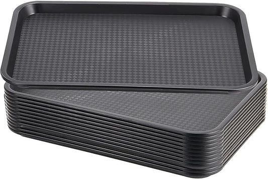 MAHIONG 12 Pack 16 x 12 Inch Black Fast Food Tray, Large Rectangular Restaurant Serving Trays, Plastic Cafeteria Trays School Lunch Trays