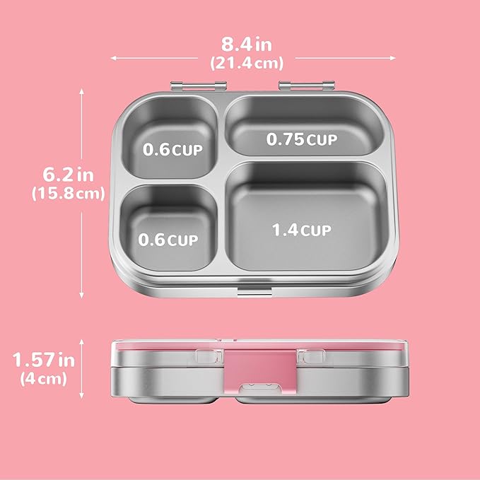 G.a HOMEFAVOR Stainless Steel Lunch Box - 4 Compartments Bento Box for Kids, Leakproof Metal Food Container for School, Office, Dishwasher Safe, Shatterproof, 27 oz, Pink