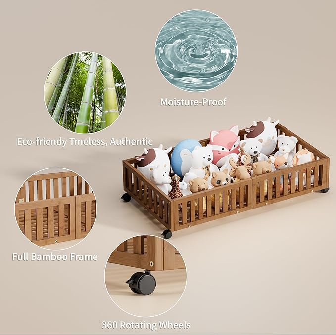 Bamboo Under Bed Storage with Wheels,Rolling Underbed Shoe Organizer Box for Shoes,Blankets,Toys,Clothes Container Space-Saving Bins for Bedroom,Closet,Dorm,Nursery
