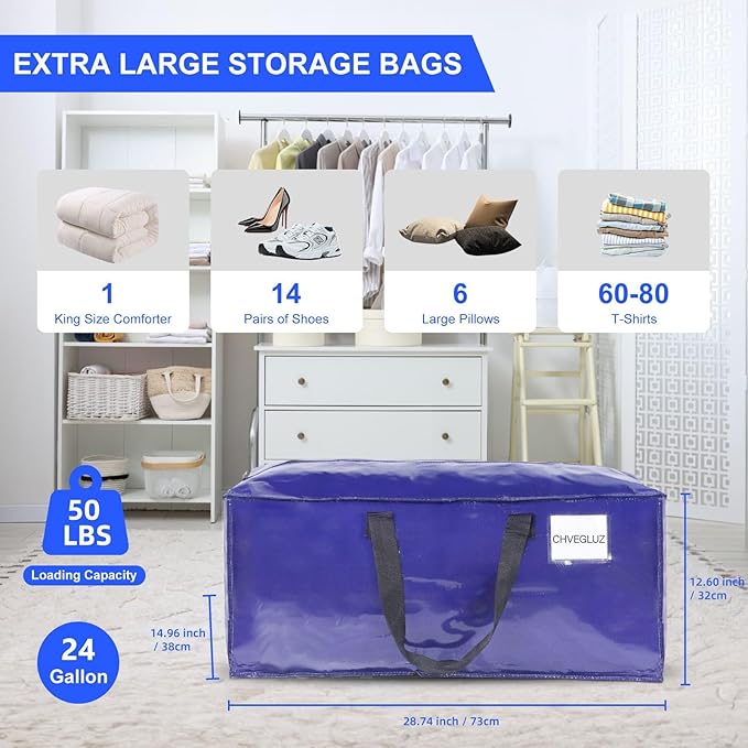 CHVEGLUZ 4 Packs Moving Bag Heavy Duty Extra Large,Storage Bags with Zipper&Handles, Sturdy&Durable Clothes Storage Bag Totes for College Dorm Essentials, Moving Boxes for College Supplies, Blue